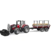 Tracteur Massey Ferguson 7480 avec fourche et remorque de transport de bois - Bruder