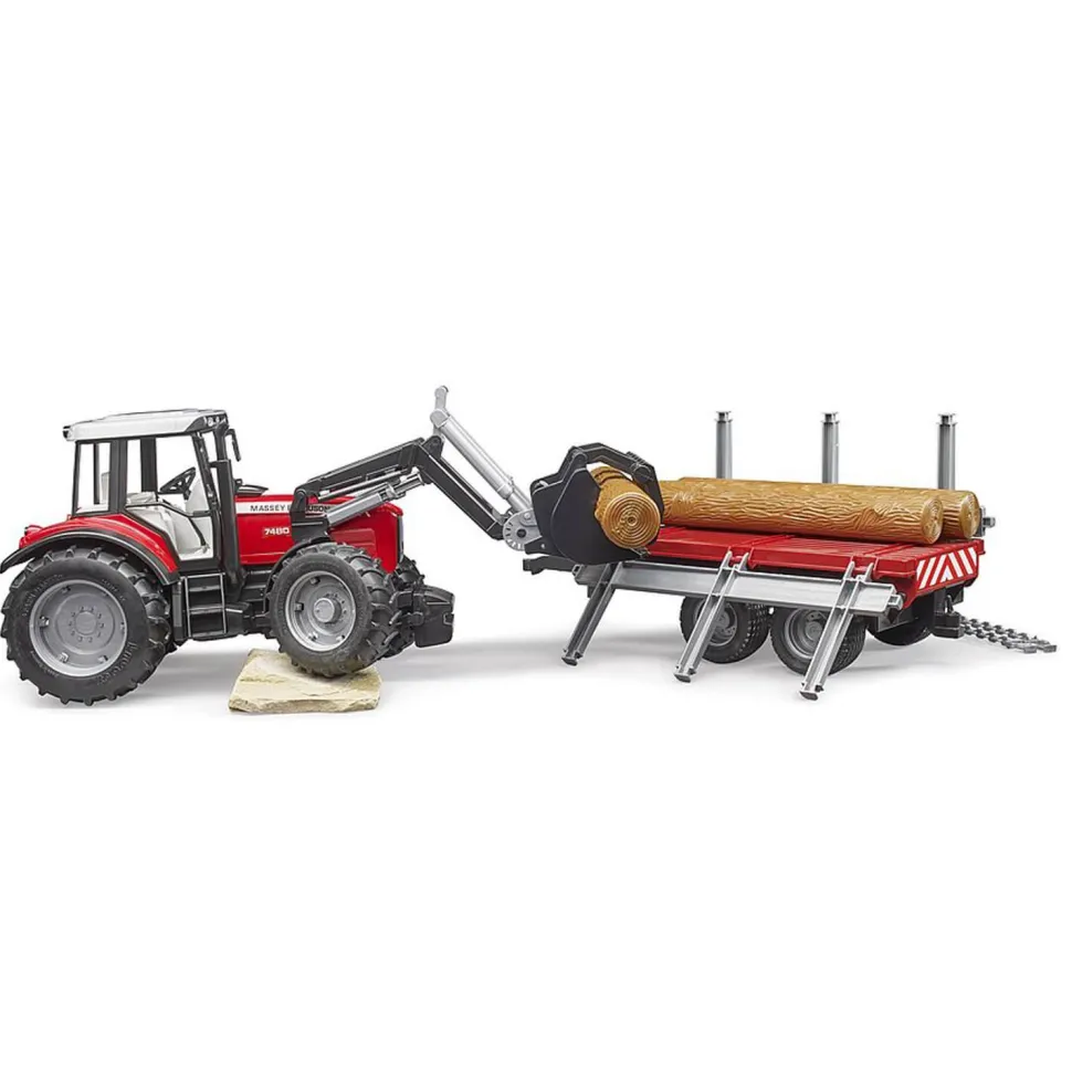 Tracteur Massey Ferguson 7480 avec fourche et remorque de transport de bois - Bruder