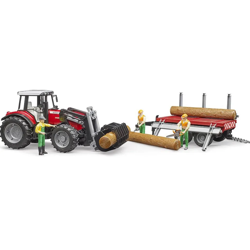 Tracteur Massey Ferguson 7480 avec fourche et remorque de transport de bois - Bruder