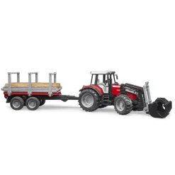 Tracteur Massey Ferguson 7480 avec fourche et remorque de transport de bois - Bruder