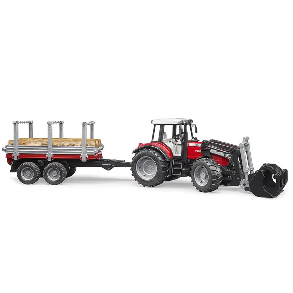 Tracteur Massey Ferguson 7480 avec fourche et remorque de transport de bois - Bruder