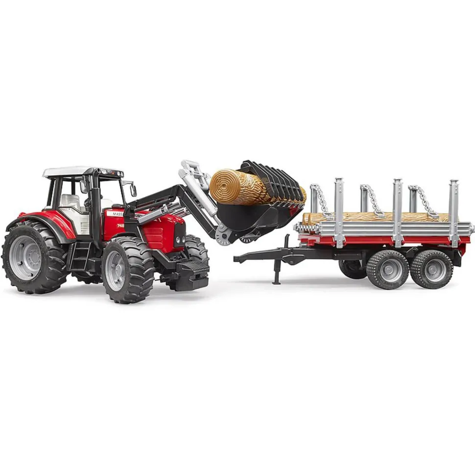 Tracteur Massey Ferguson 7480 avec fourche et remorque de transport de bois - Bruder