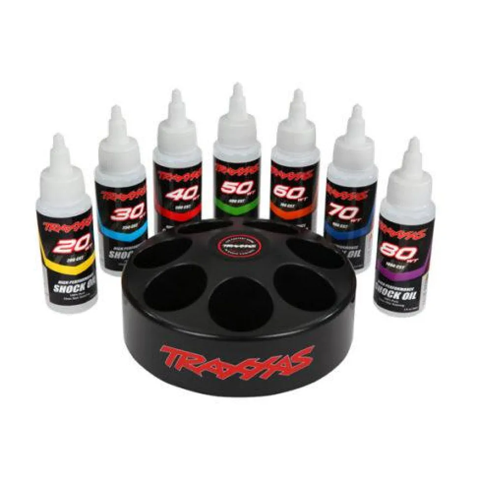 Traxxas Lot Huile Silcone Premium 20 30 40 50 60 70 80WT et Présentoir Carrousel Rotatif - Traxxas